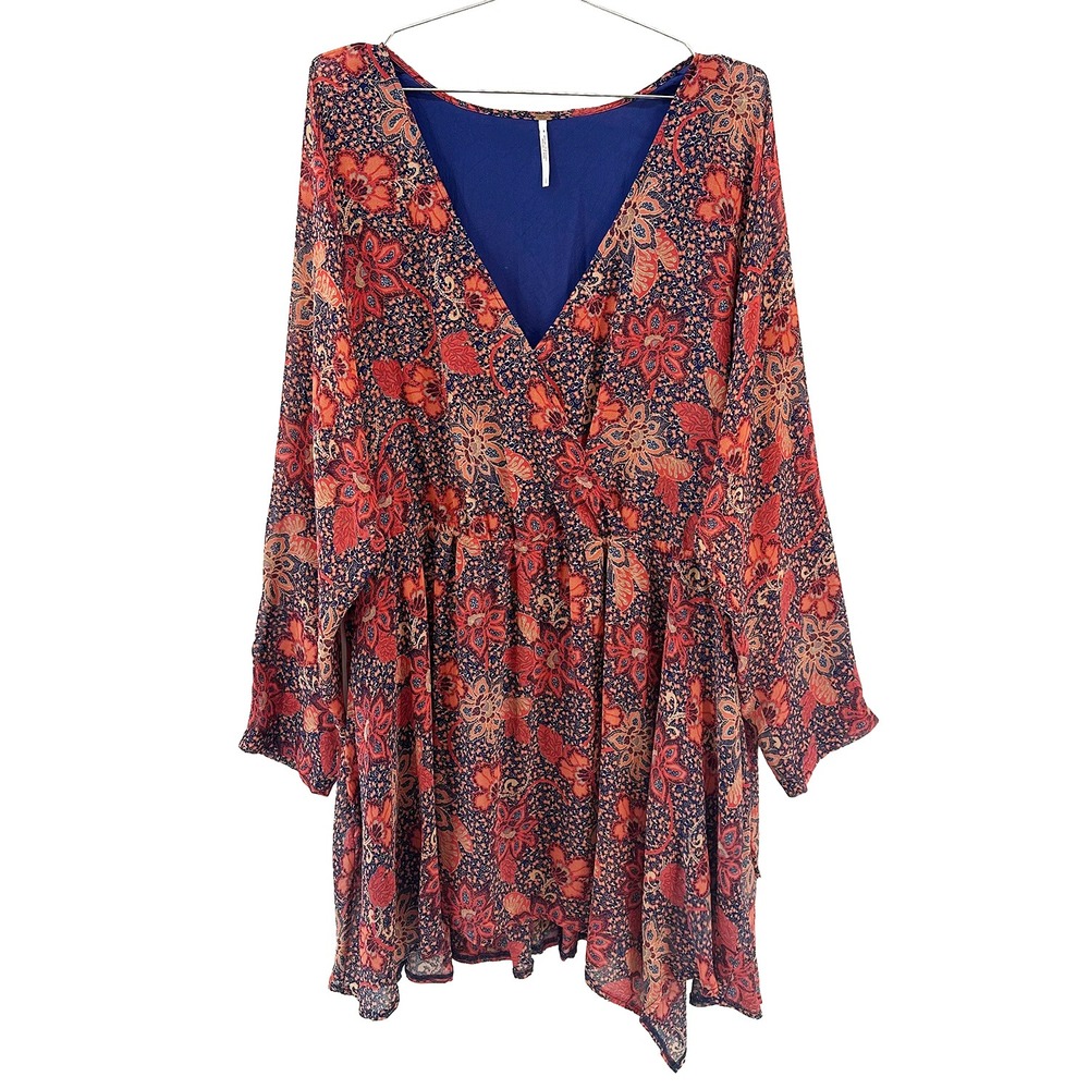 FREE PEOPLE‎ Teegan Boho Floral L/S Mini Dress • Large • blue, orange, peach